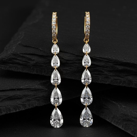 Cascading Pear 14K (or 18k upon request) Gold Pave Hoops Drop Earrings - Picture 1 of 3